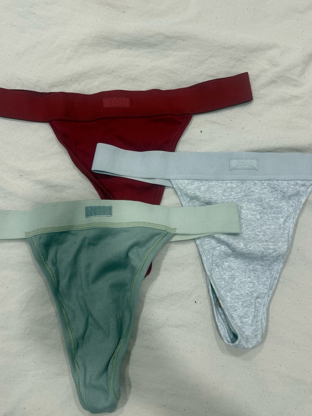 SKIMS Ribbed Thong Set - Burgundy, Light Blue, Sage Green